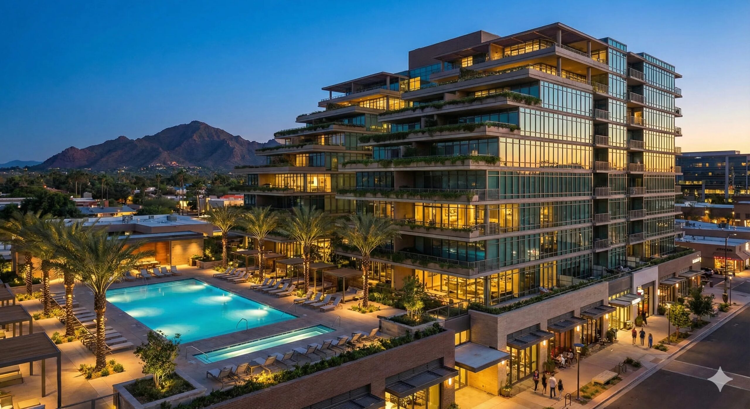 Luxury condo high rise building in Old Town Scottsdale Arizona with mountain views
