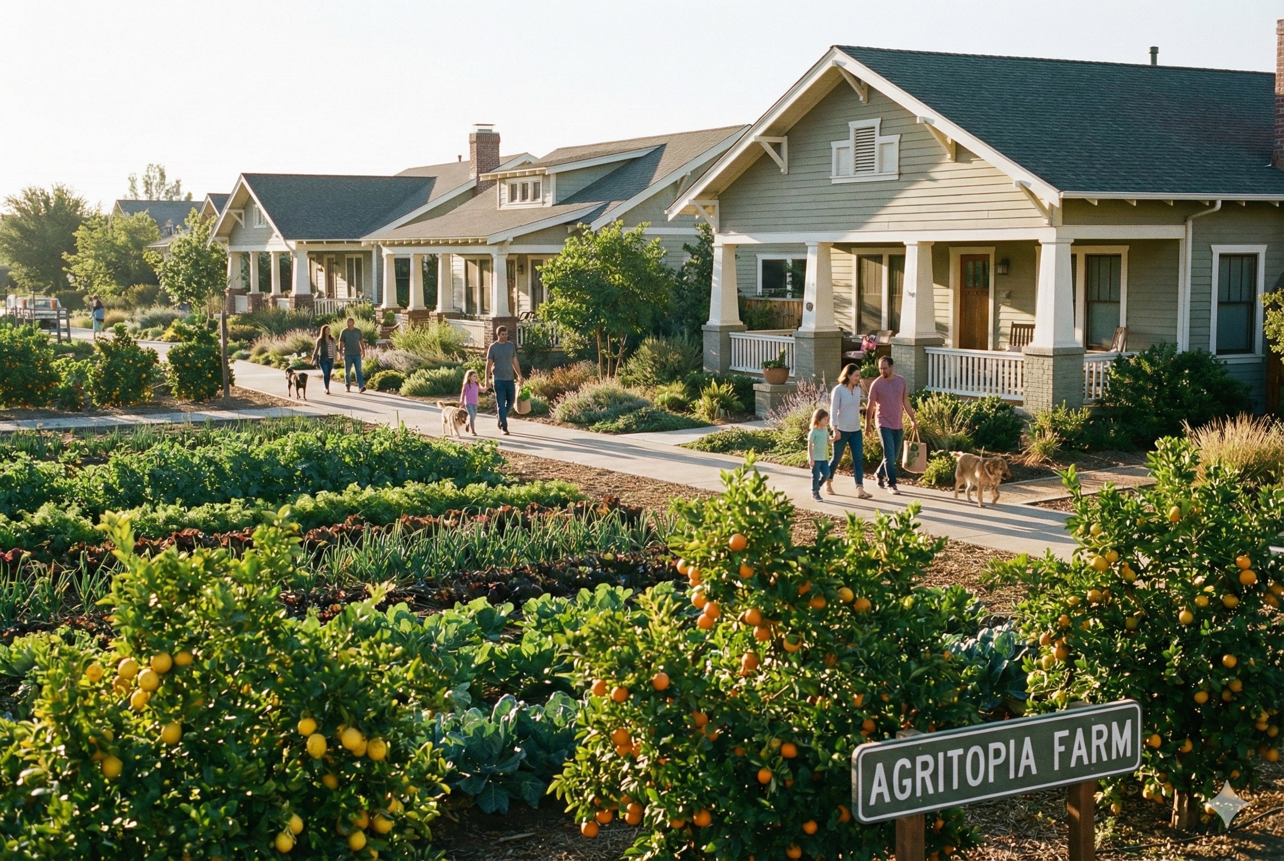 Agritopia community in Gilbert Arizona showing the 11-acre organic farm with craftsman homes and front porches in background