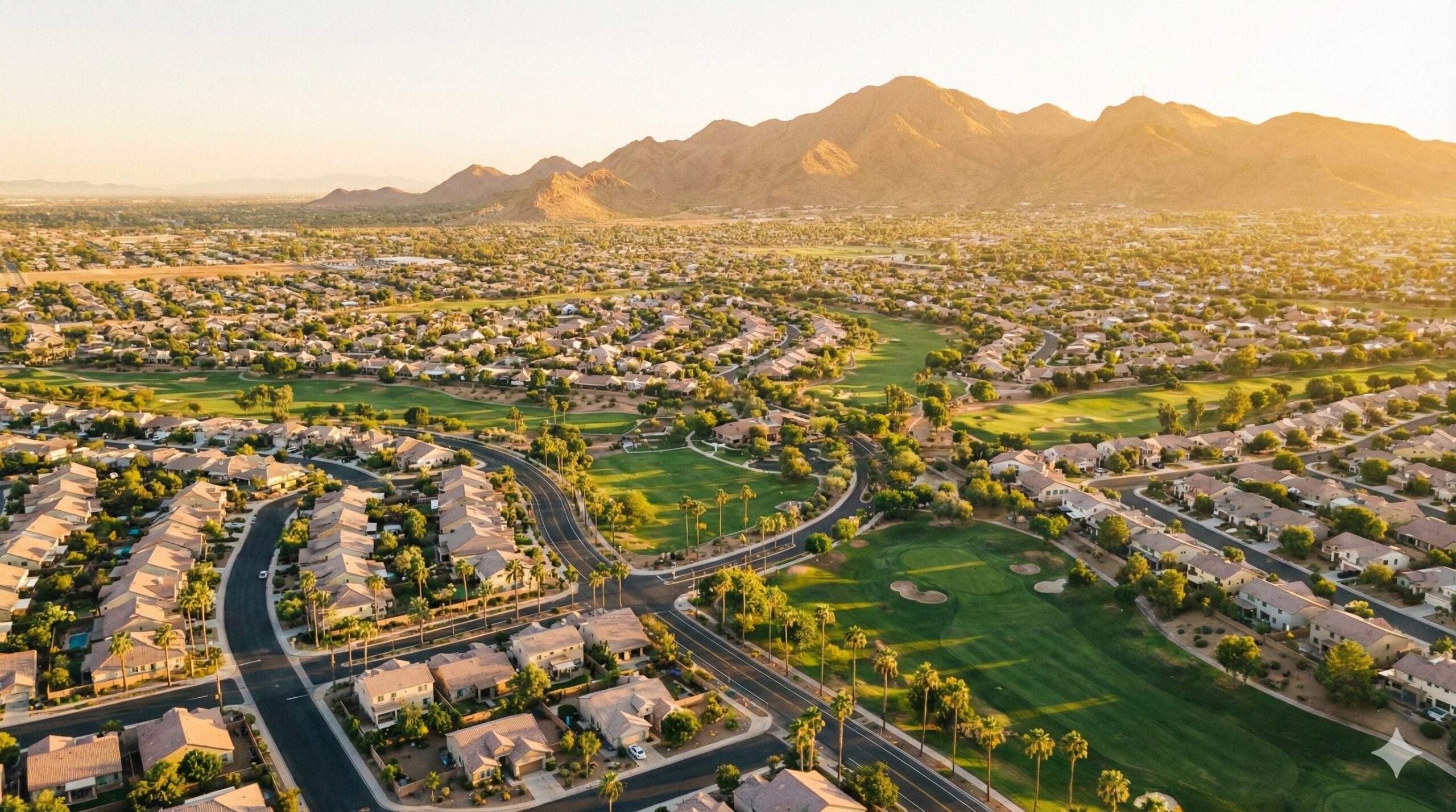 Aerial view of Gilbert, Arizona neighborhoods at sunset showing homes, parks, and San Tan Mountains in the background