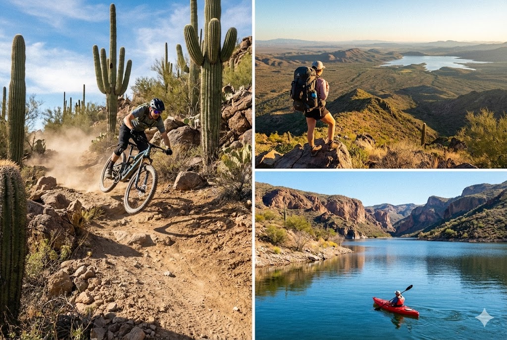 Outdoor lifestyle activities in Cave Creek Arizona including hiking biking and water sports at Bartlett Lake