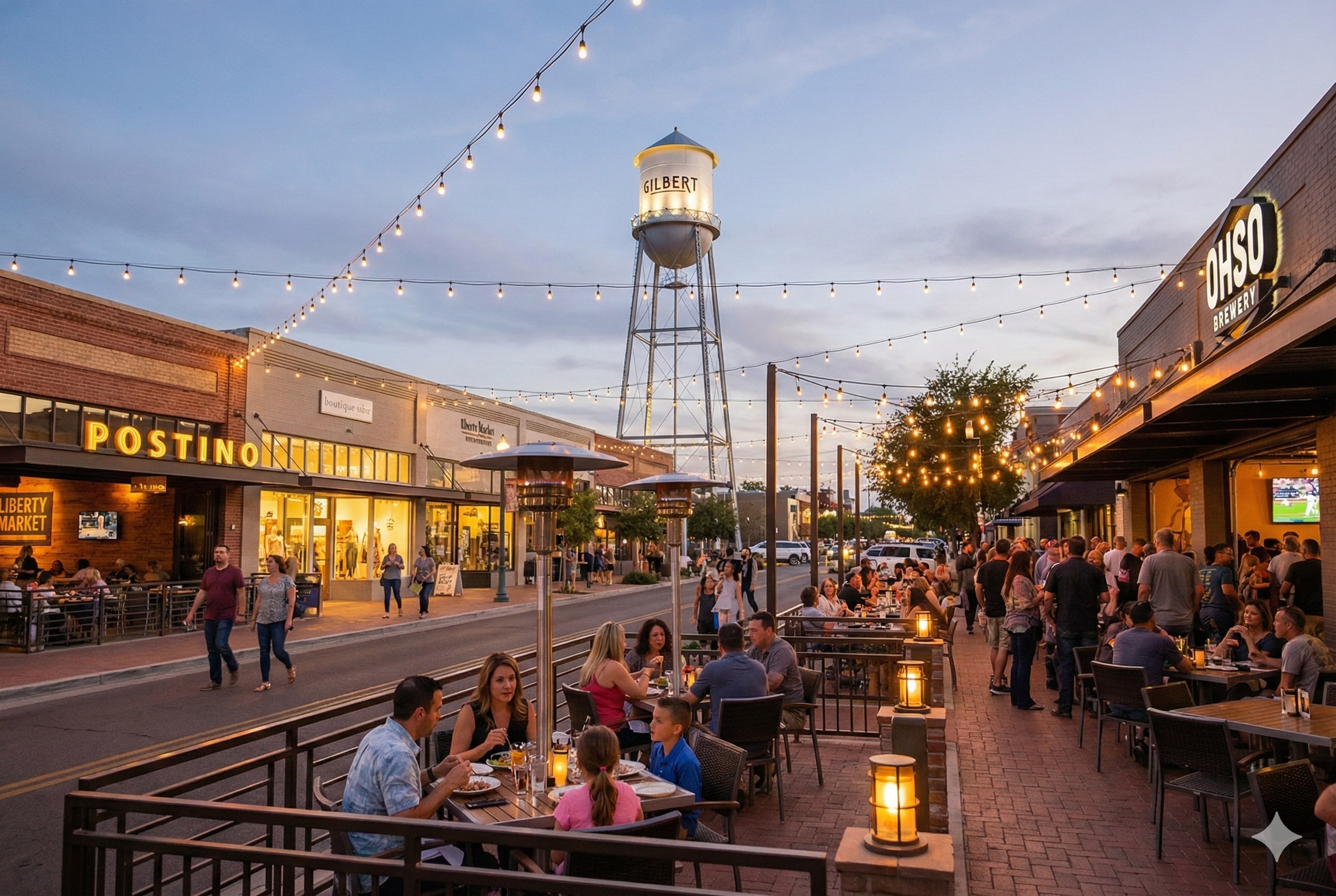 Downtown Gilbert Heritage District outdoor dining scene with restaurants, Water Tower lit at night, and people enjoying nightlife