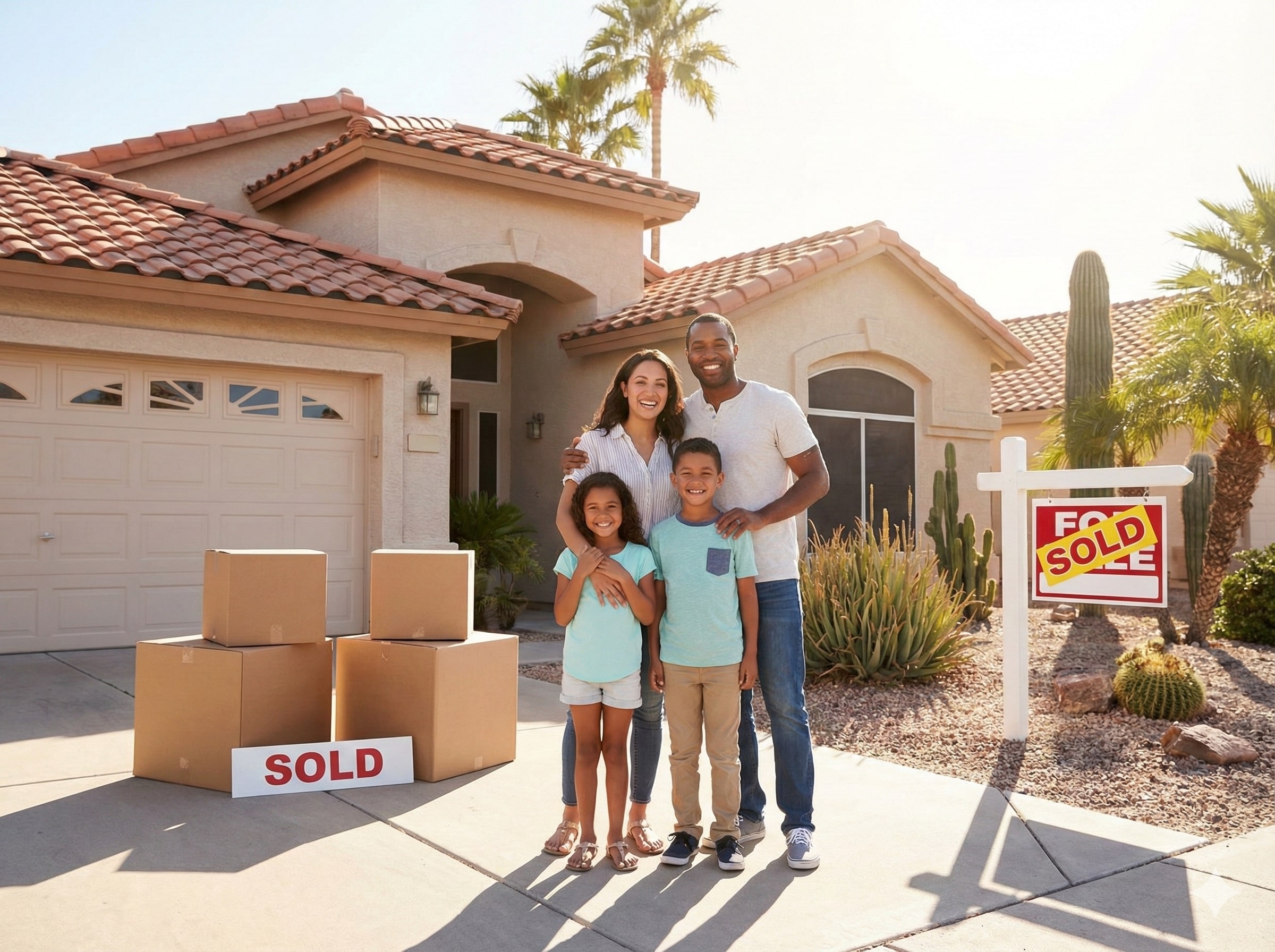 Happy family standing in front of their new Gilbert Arizona home with moving boxes, celebrating relocation from California