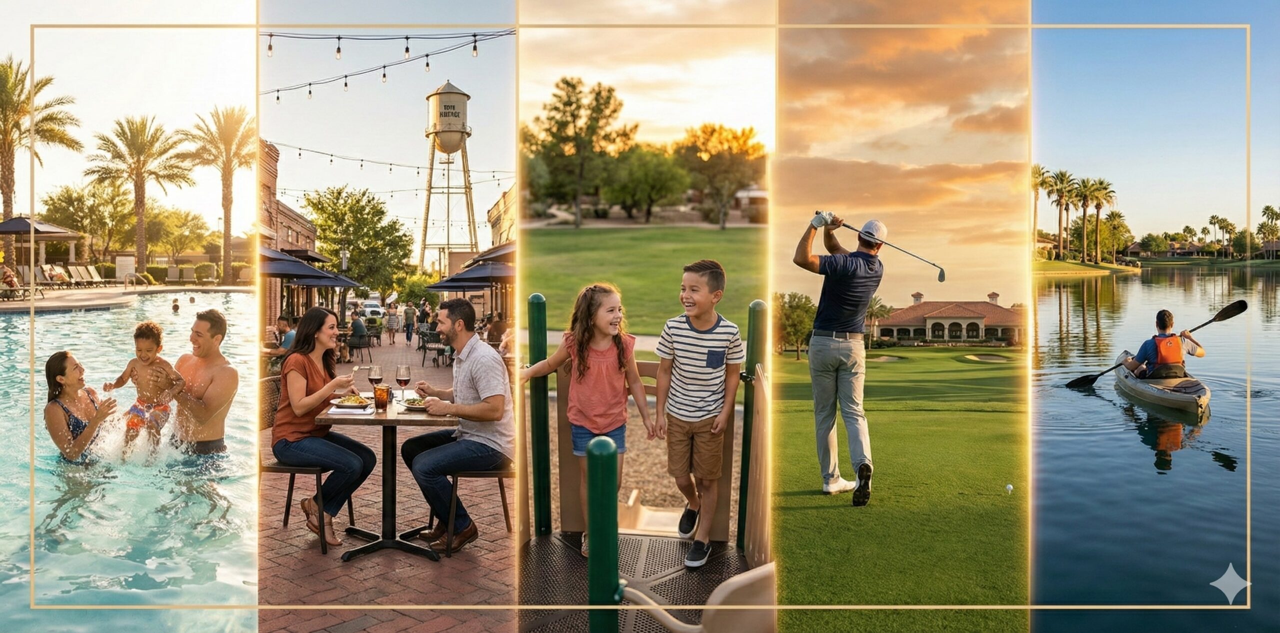 Gilbert Arizona lifestyle montage showing families at pool, dining in Heritage District, golfing, kayaking, and children playing in parks