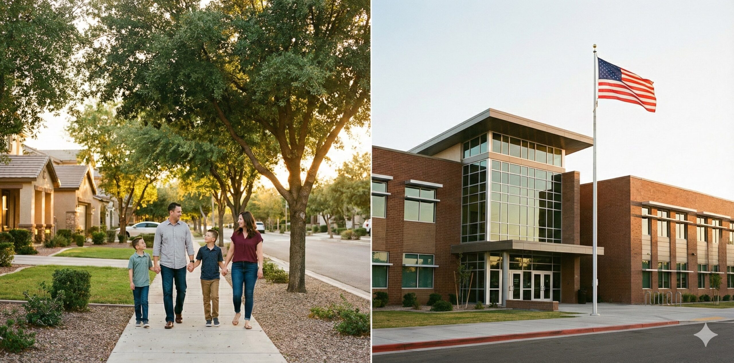 Family walking on tree-lined sidewalk in safe Gilbert Arizona neighborhood with highly-rated school building