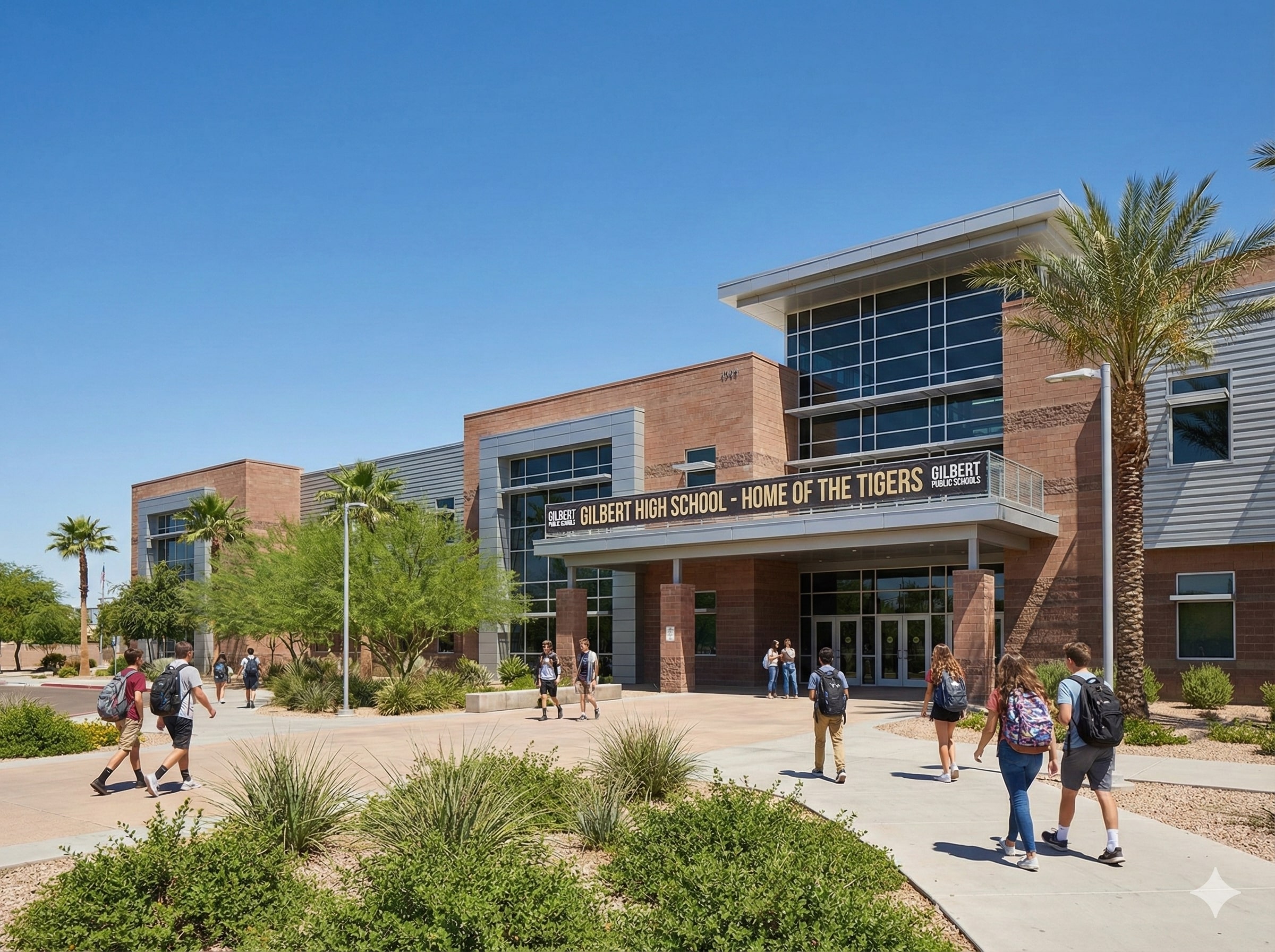 Gilbert Public Schools campus exterior with students walking, modern architecture, and Arizona blue sky