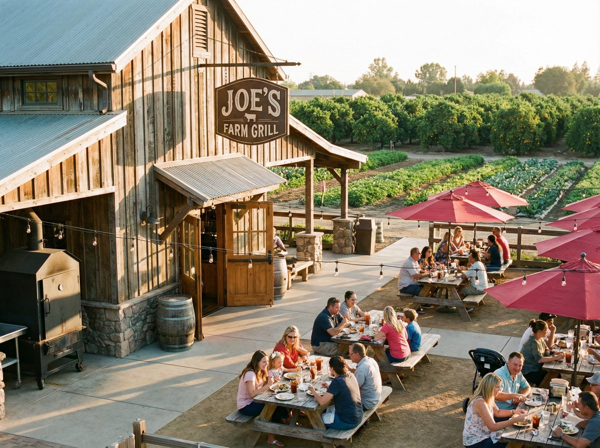 Joe's Farm Grill restaurant at Agritopia Gilbert Arizona with outdoor seating, string lights, and farm views