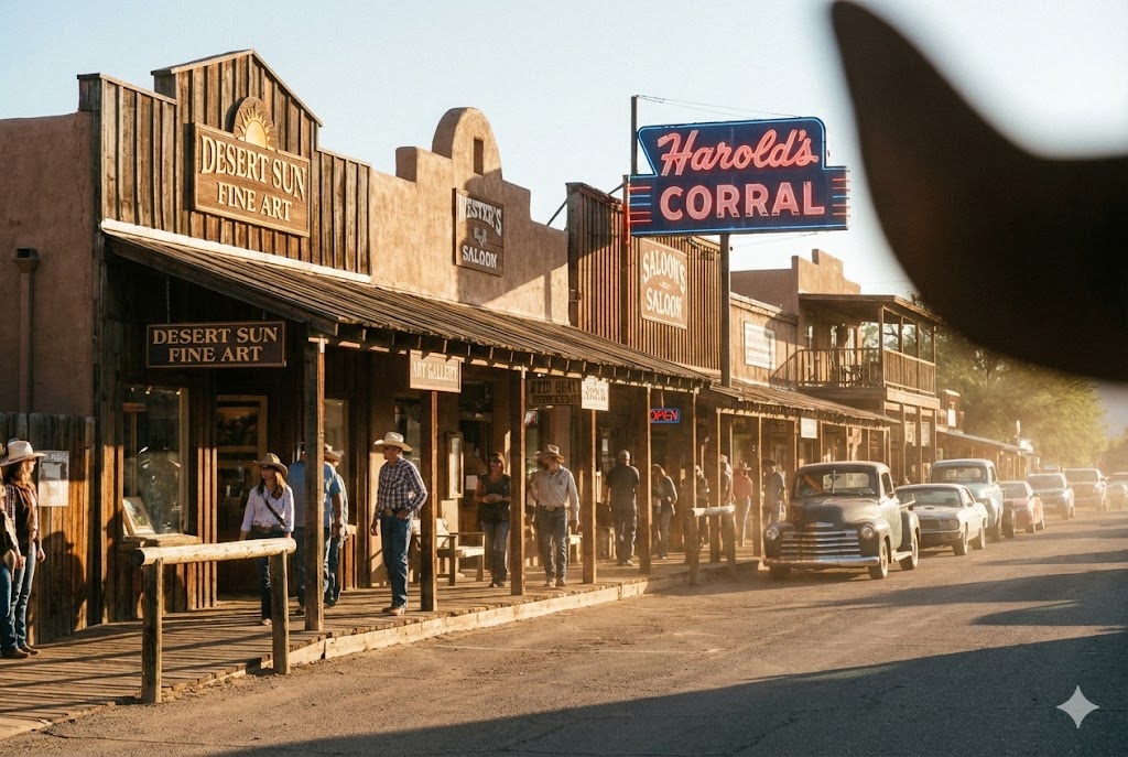 Downtown Cave Creek Arizona Western storefronts art galleries and saloons showing authentic small-town living
