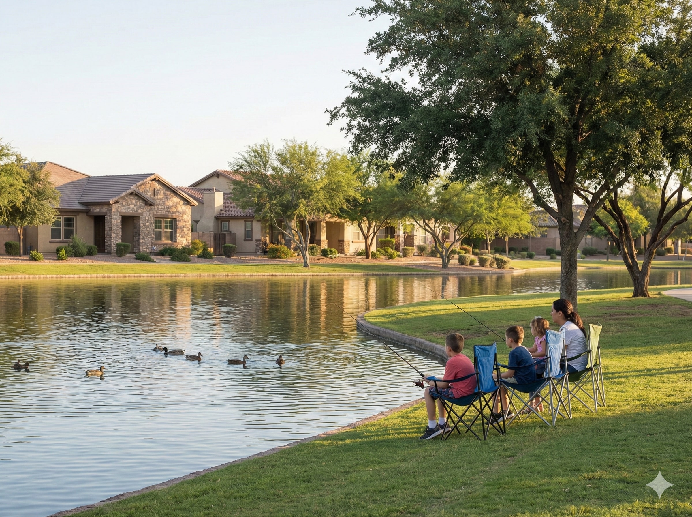 Morrison Ranch recreational fishing lake in Gilbert Arizona with families fishing, ducks on water, and homes in background