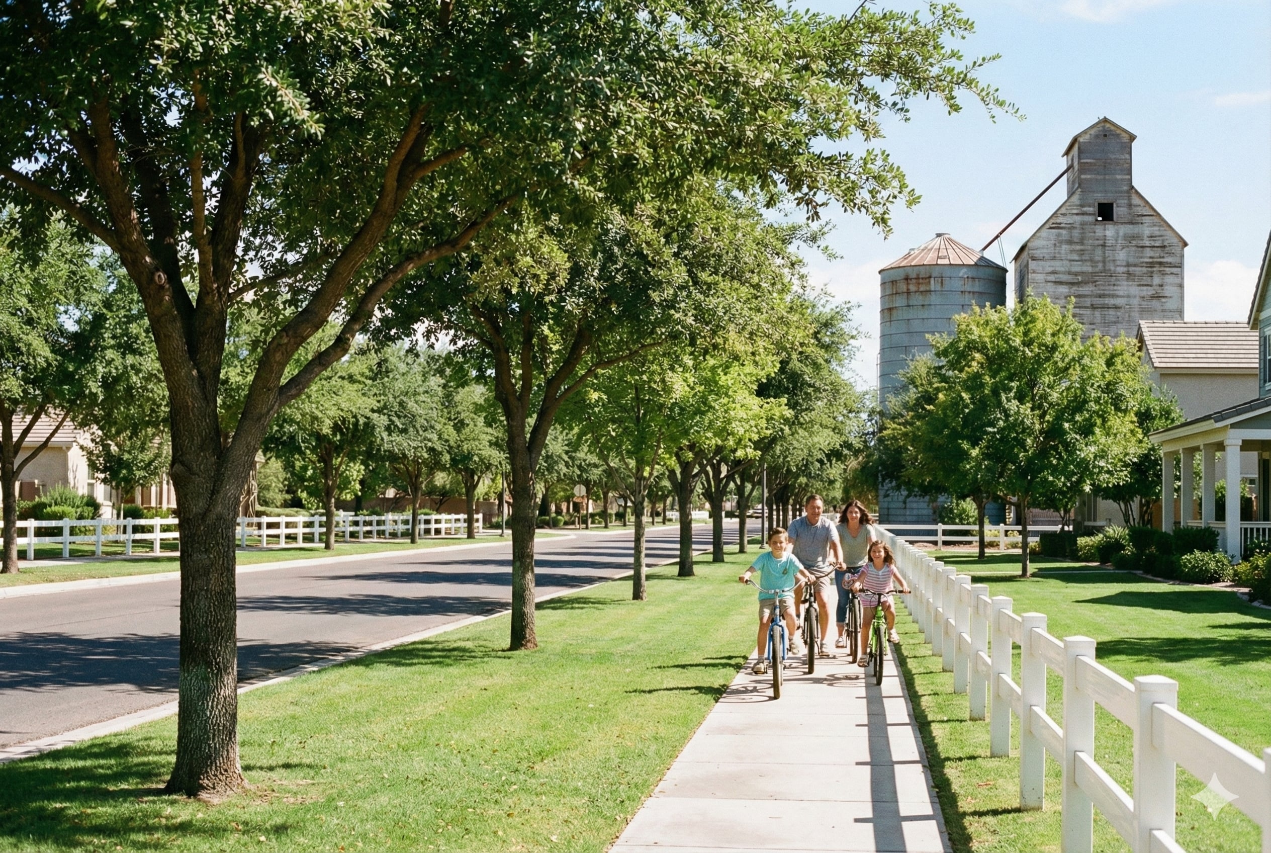 Morrison Ranch Gilbert Arizona featuring grass-lined streets, white rail fences, mature shade trees, and historic grain silos