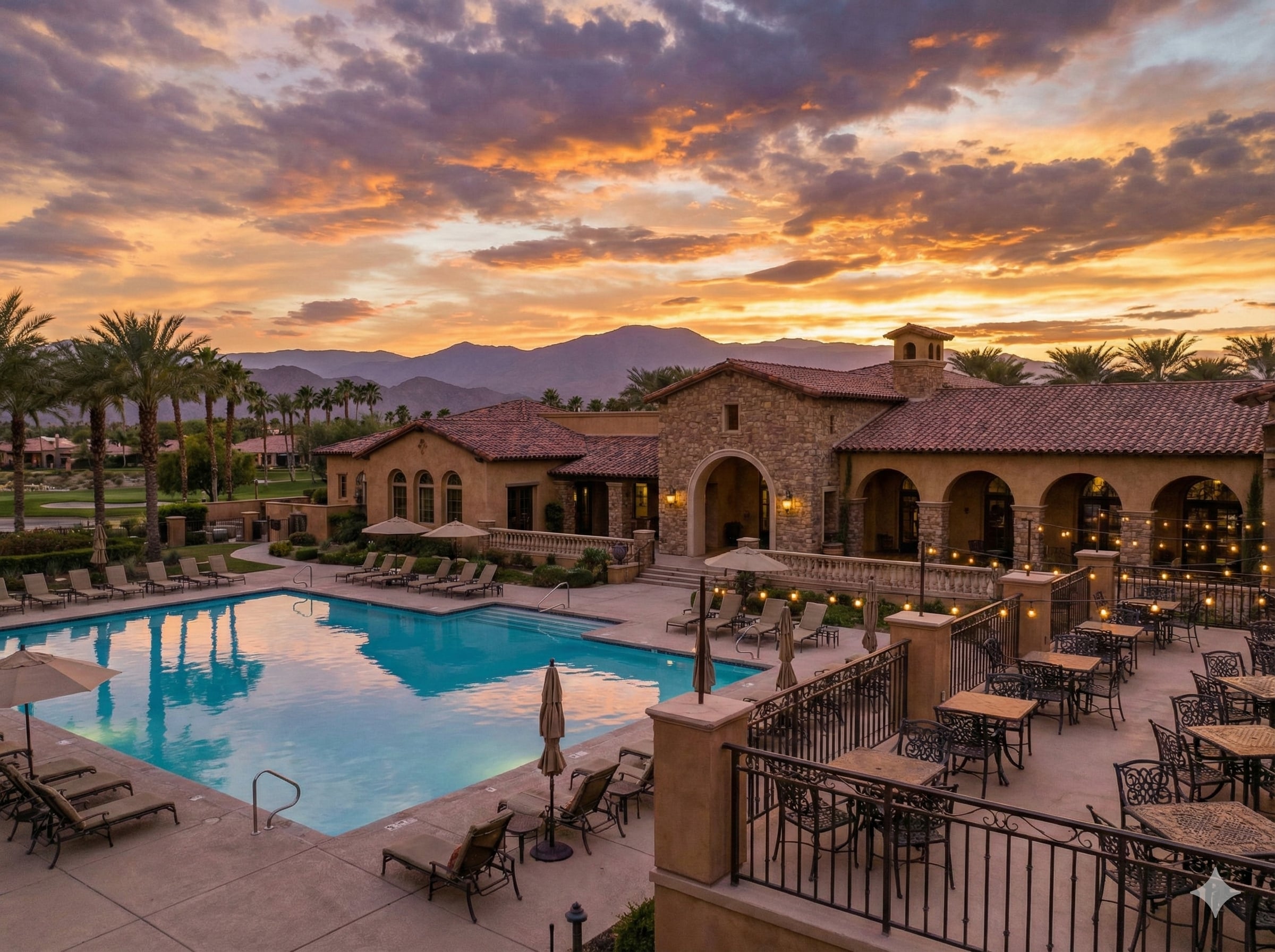 Seville Golf and Country Club Tuscan-style clubhouse and pool with San Tan Mountain views at sunset in Gilbert Arizona