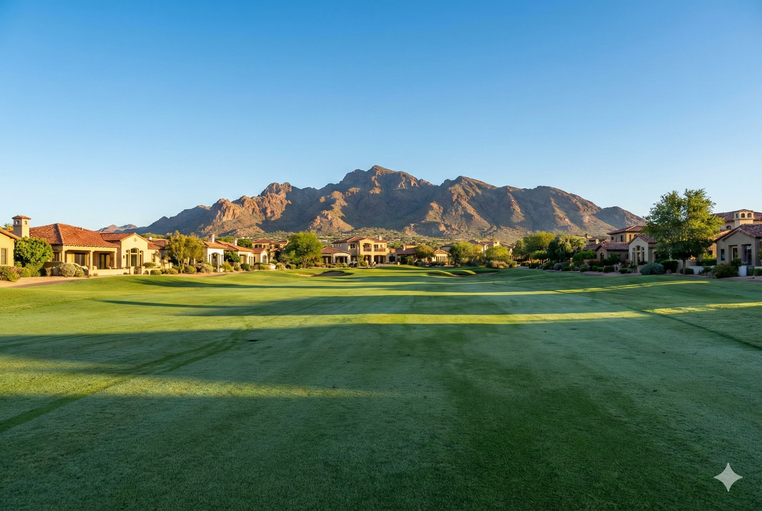Seville Golf and Country Club championship course in Gilbert Arizona with San Tan Mountains backdrop and luxury homes