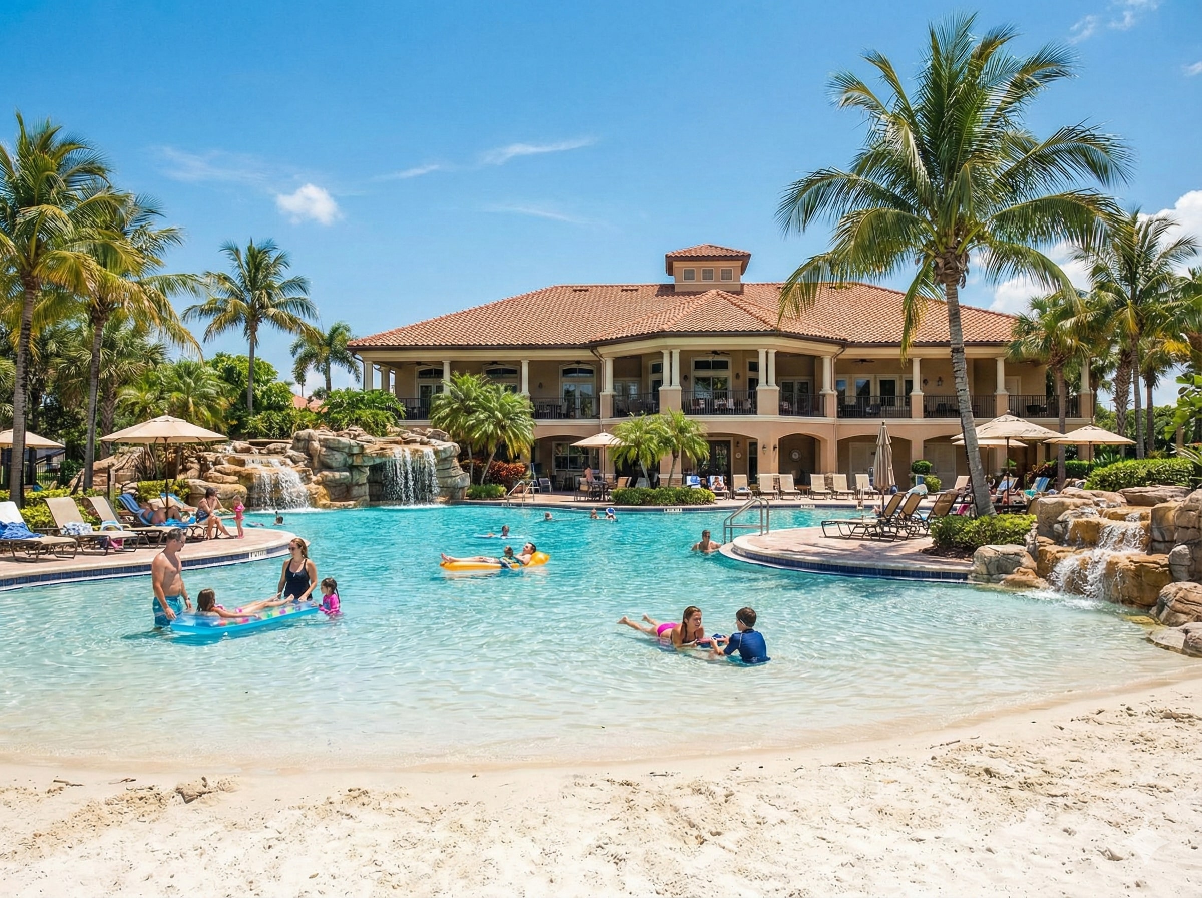 Val Vista Lakes tropical lagoon pool with sandy beach entry, waterfalls, and clubhouse in Gilbert Arizona