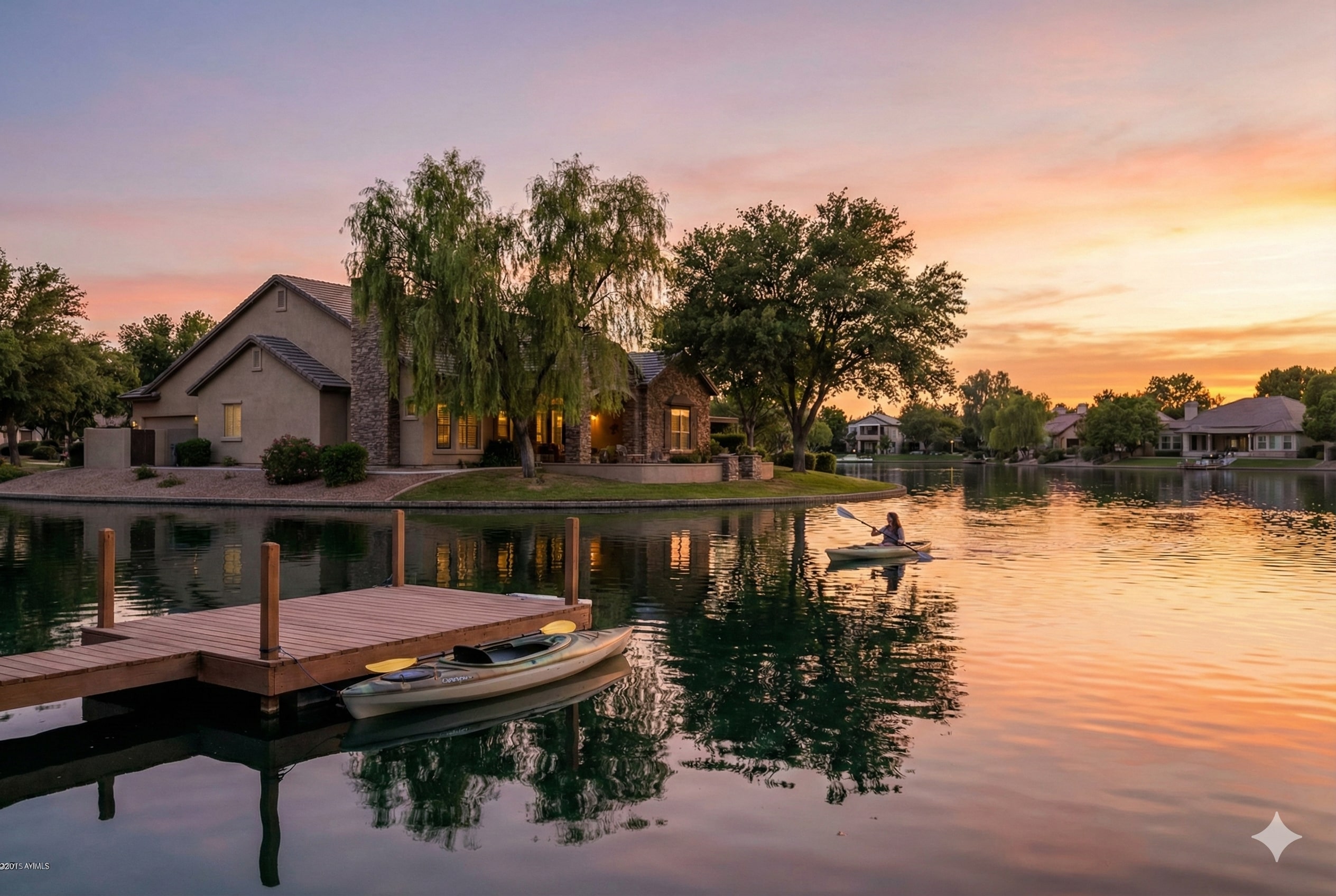 Val Vista Lakes waterfront homes with private dock on lake in Gilbert Arizona surrounded by mature trees