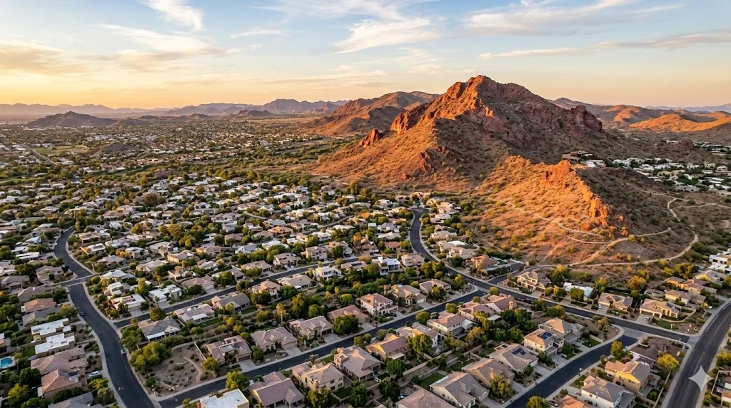 Aerial view of Ahwatukee Foothills family neighborhood in South Phoenix with mature trees and South Mountain Park backdrop
