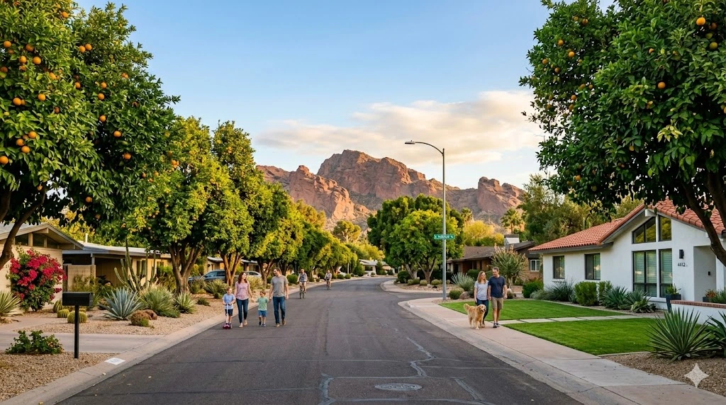 Arcadia neighborhood Phoenix tree-lined street with mid-century homes and Camelback Mountain in background