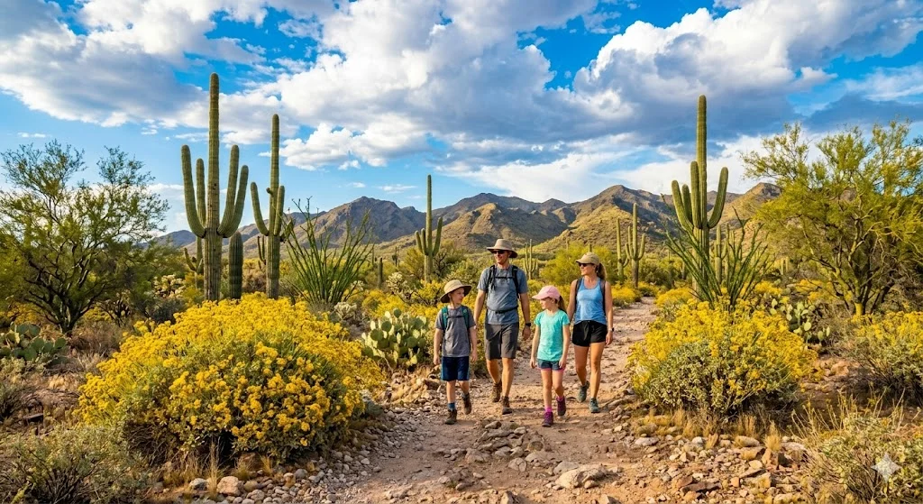 Family hiking desert trails at Estrella Mountain Regional Park near Laveen Southwest Phoenix with saguaro cacti and mountain backdrop