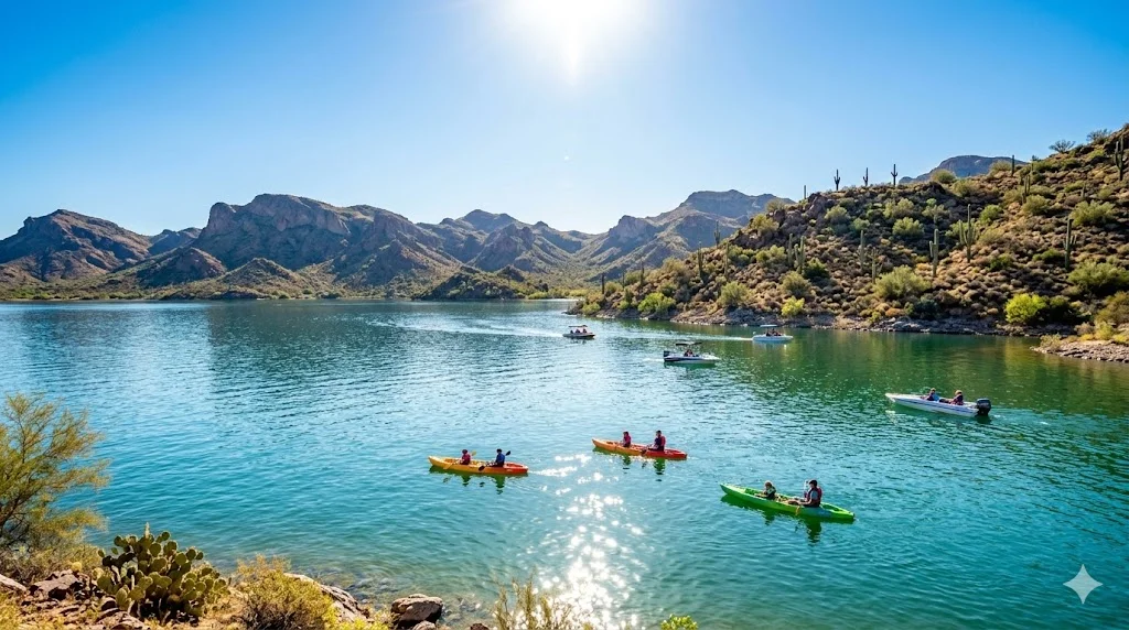 Lake Pleasant Regional Park near Norterra North Phoenix with families kayaking on turquoise water and desert mountain backdrop