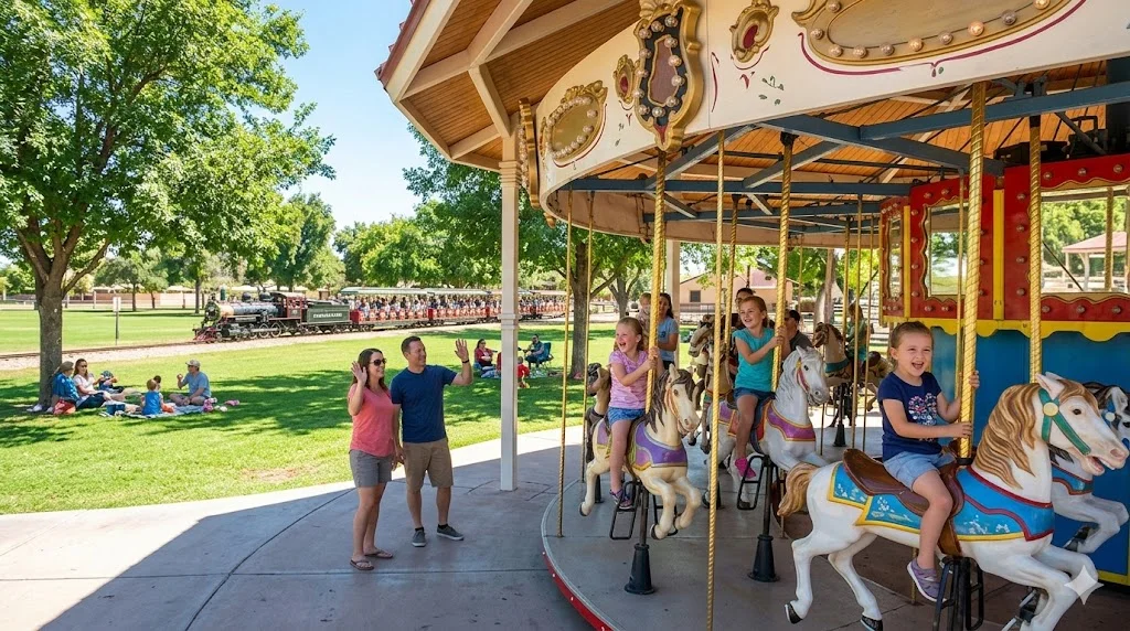 Families riding the carousel at McCormick-Stillman Railroad Park in Scottsdale with children laughing and green park grounds
