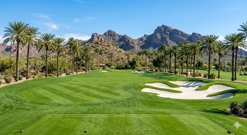 Moon Valley Country Club golf course fairway in Phoenix Arizona with manicured greens, palm trees, and desert mountain backdrop