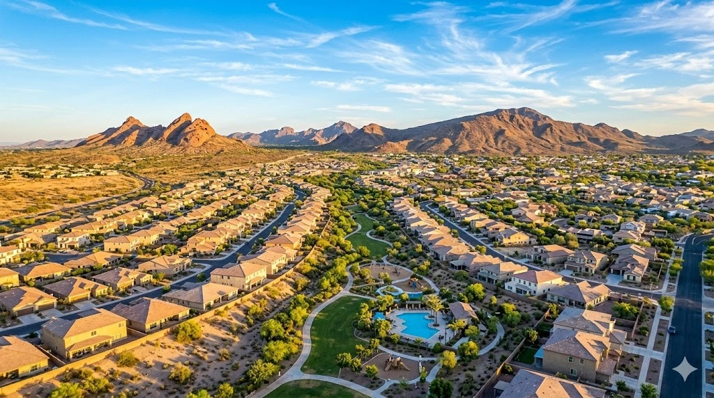 Aerial view of Norterra Happy Valley community in North Phoenix with mountain views and desert contemporary new construction homes