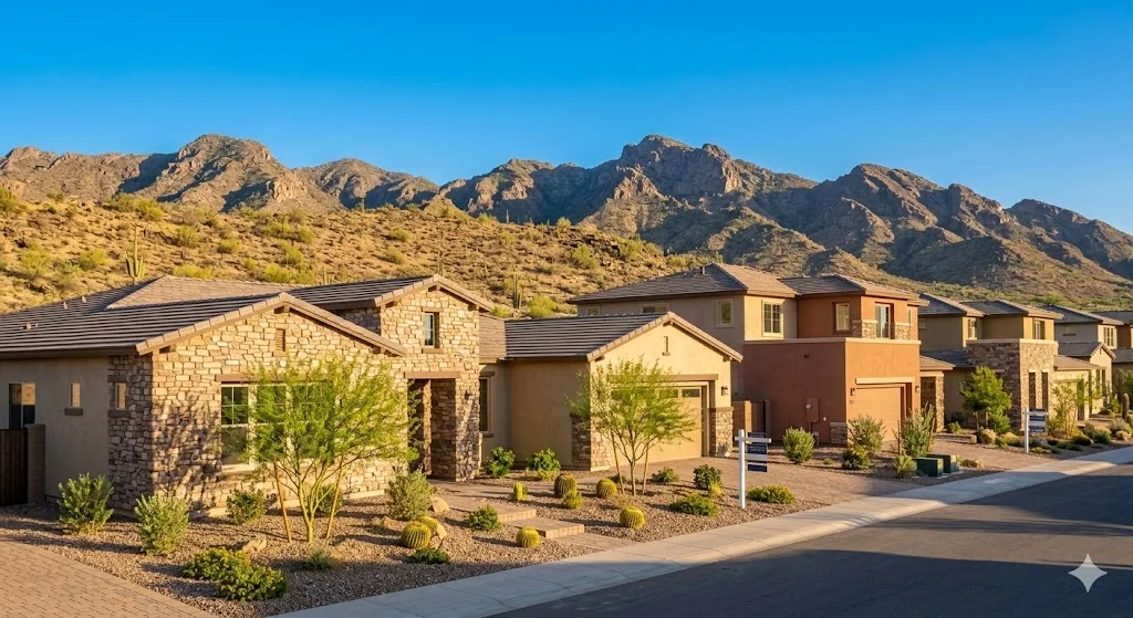 New construction homes in North Gateway Sonoran Foothills Far North Phoenix with desert landscaping and dramatic mountain range backdrop