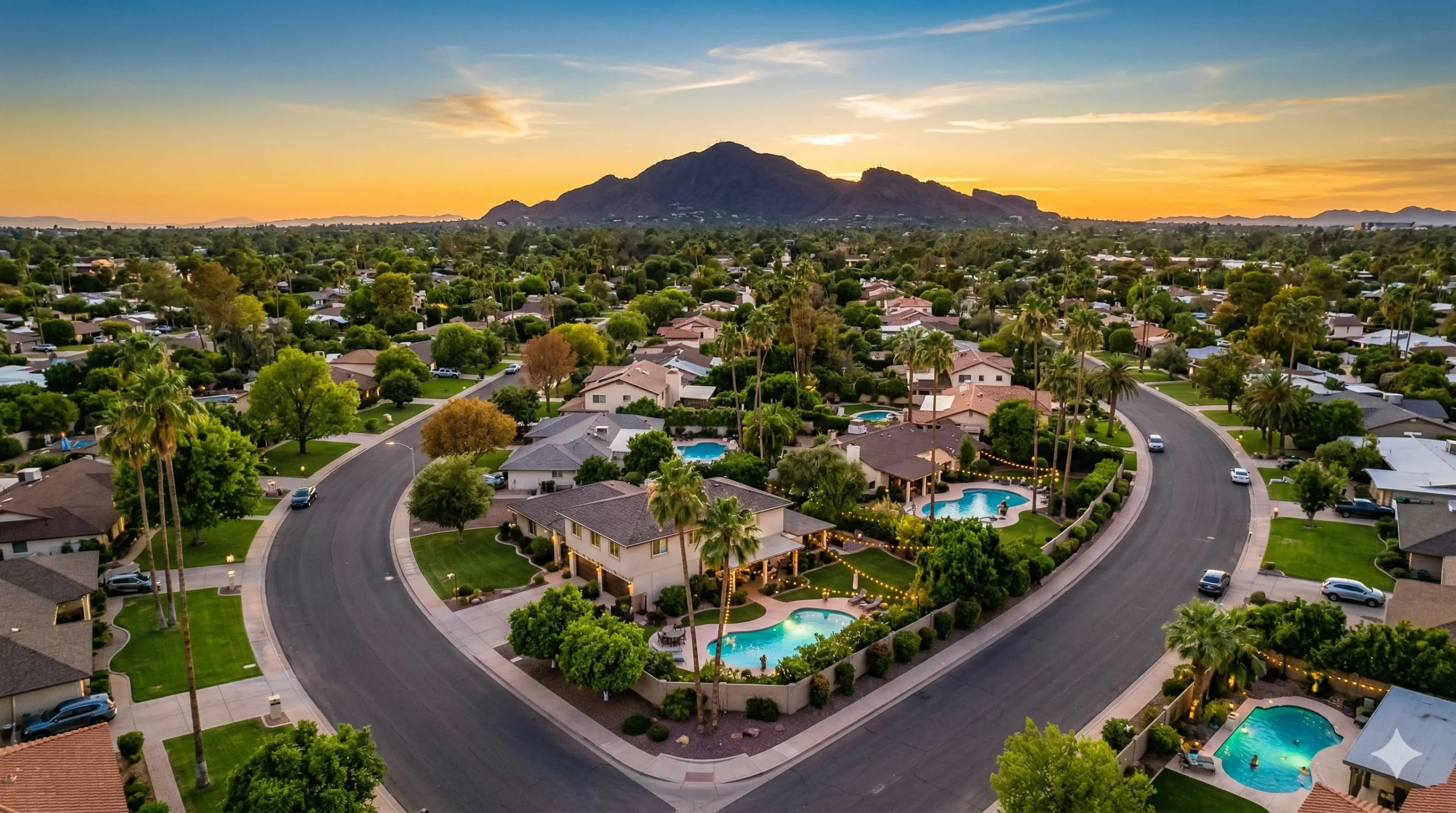 Aerial view of Phoenix family neighborhood with Camelback Mountain in background at golden hour