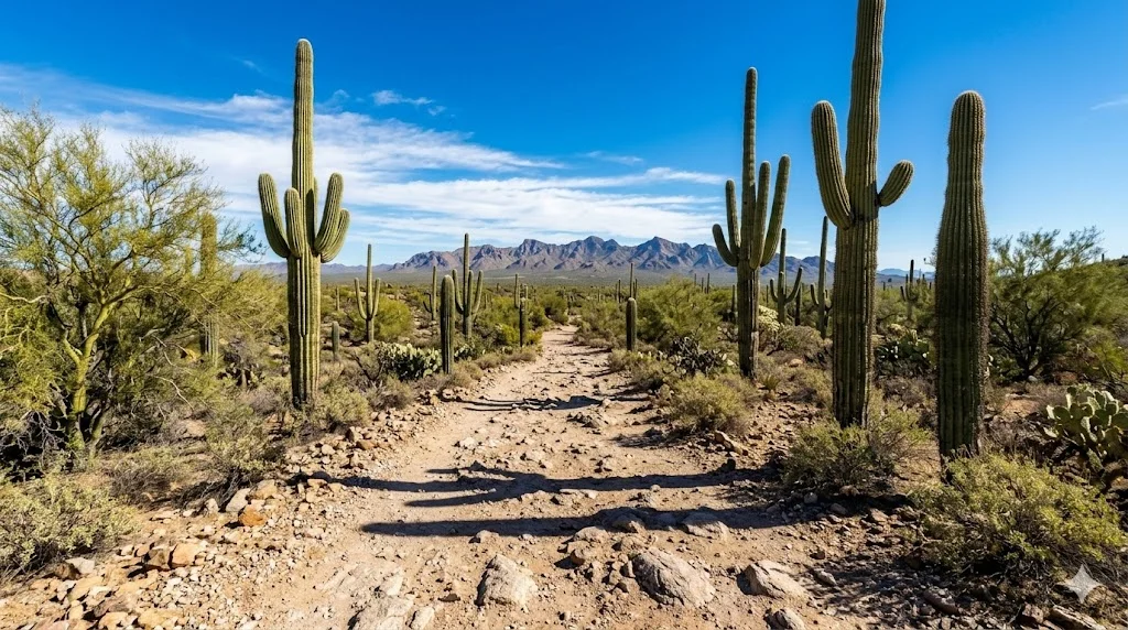 McDowell Sonoran Preserve hiking trail North Phoenix with towering saguaro cacti and rugged mountain ridgeline