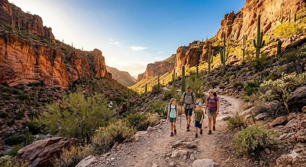Family hiking South Mountain Park trails in Ahwatukee Phoenix with dramatic desert canyon views and saguaro cacti