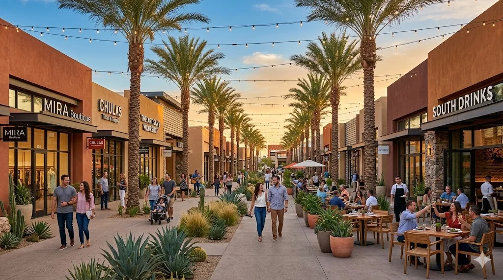 Revitalized South Scottsdale near Old Town corridor with boutique restaurants, palm trees, families dining outdoors, and warm evening light