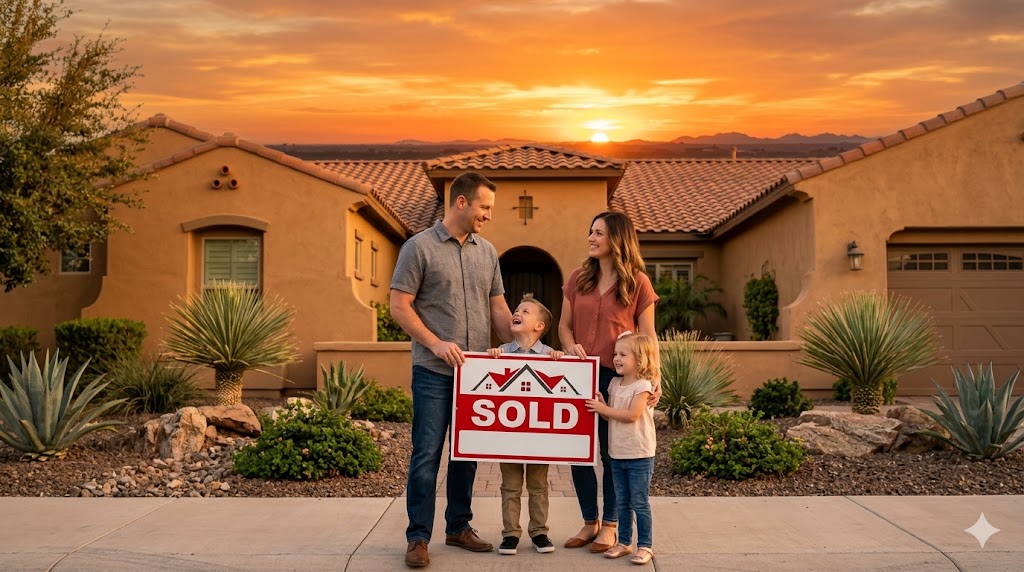 Happy family in front of their new home in Chandler Arizona celebrating with a sold sign at sunset