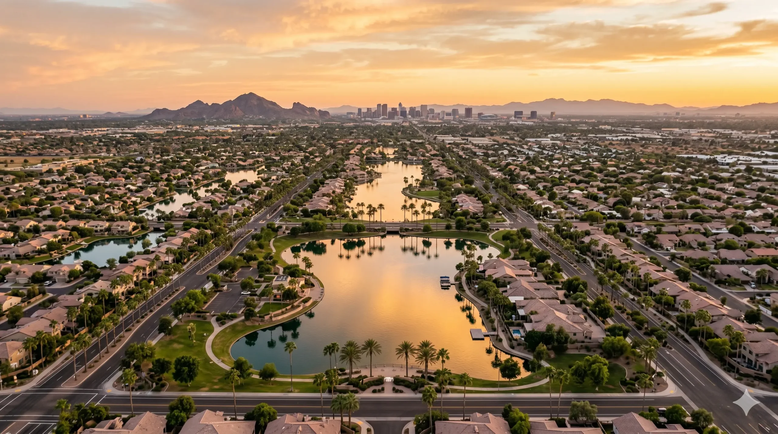 Aerial view of Chandler Arizona neighborhoods at sunset with Ocotillo lakes and master-planned communities