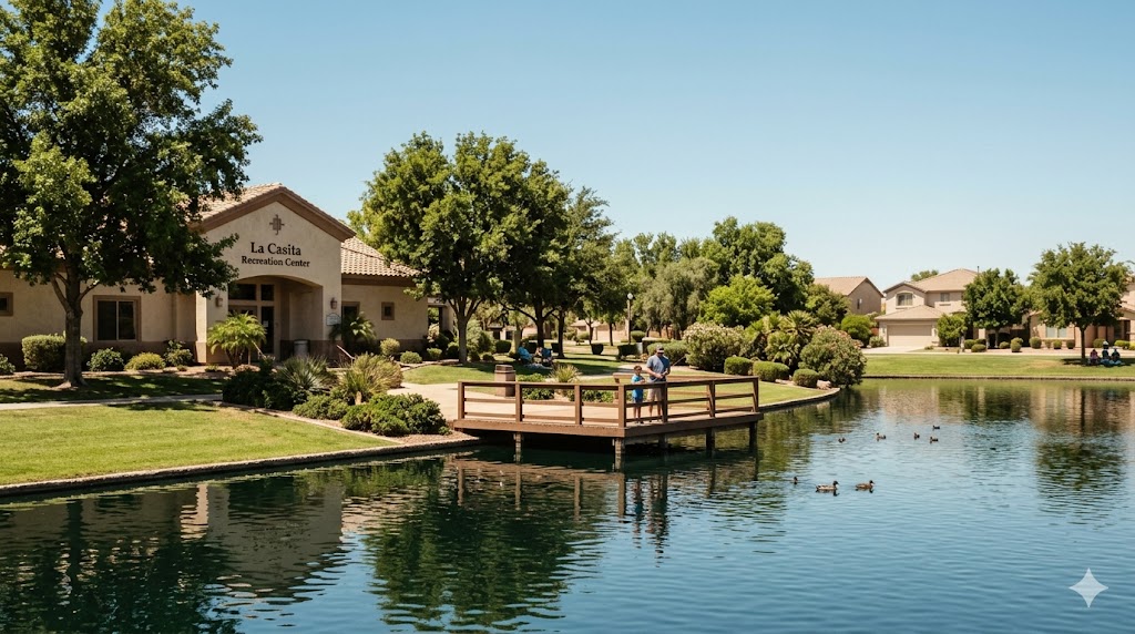 Dobson Ranch recreation center and fishing lake with families in Chandler Arizona established neighborhood