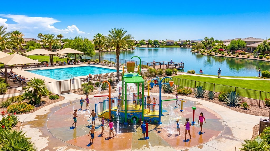 Layton Lakes community splash pad and resort amenities in Chandler Arizona family neighborhood