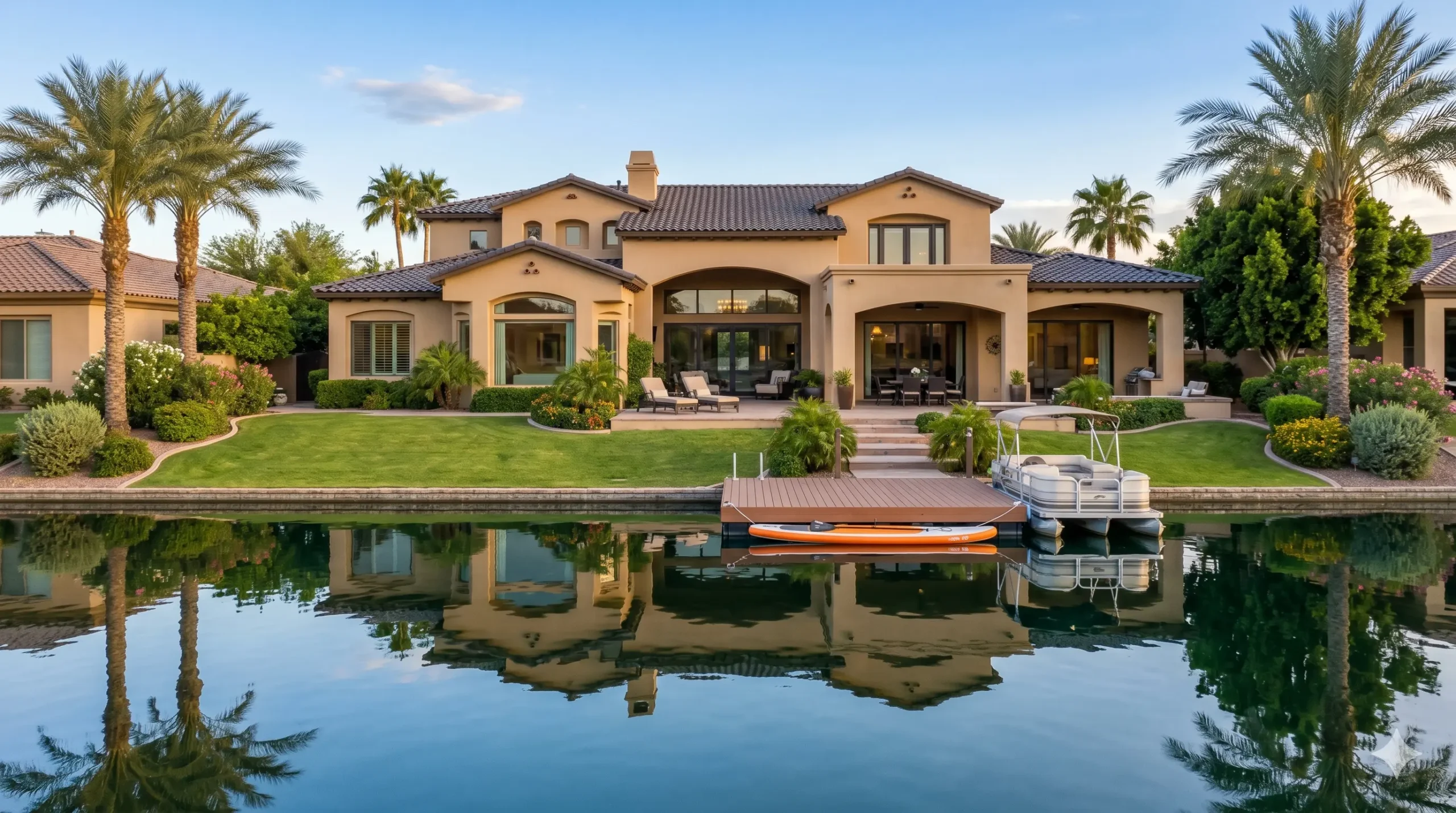 Luxury lakefront home with private boat dock in Ocotillo Chandler Arizona master-planned community