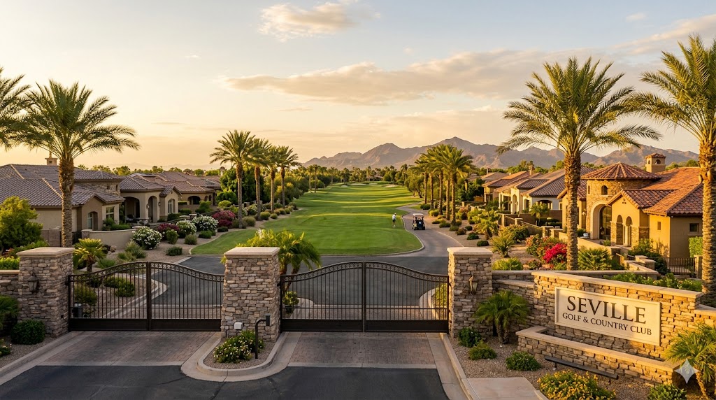 Seville Golf and Country Club gated entrance with fairways and luxury homes in Chandler Gilbert Arizona