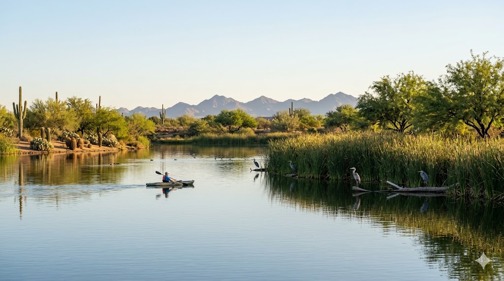 Kayaker paddling on the lake at Veterans Oasis Park in Chandler Arizona surrounded by wildlife and natural habitat