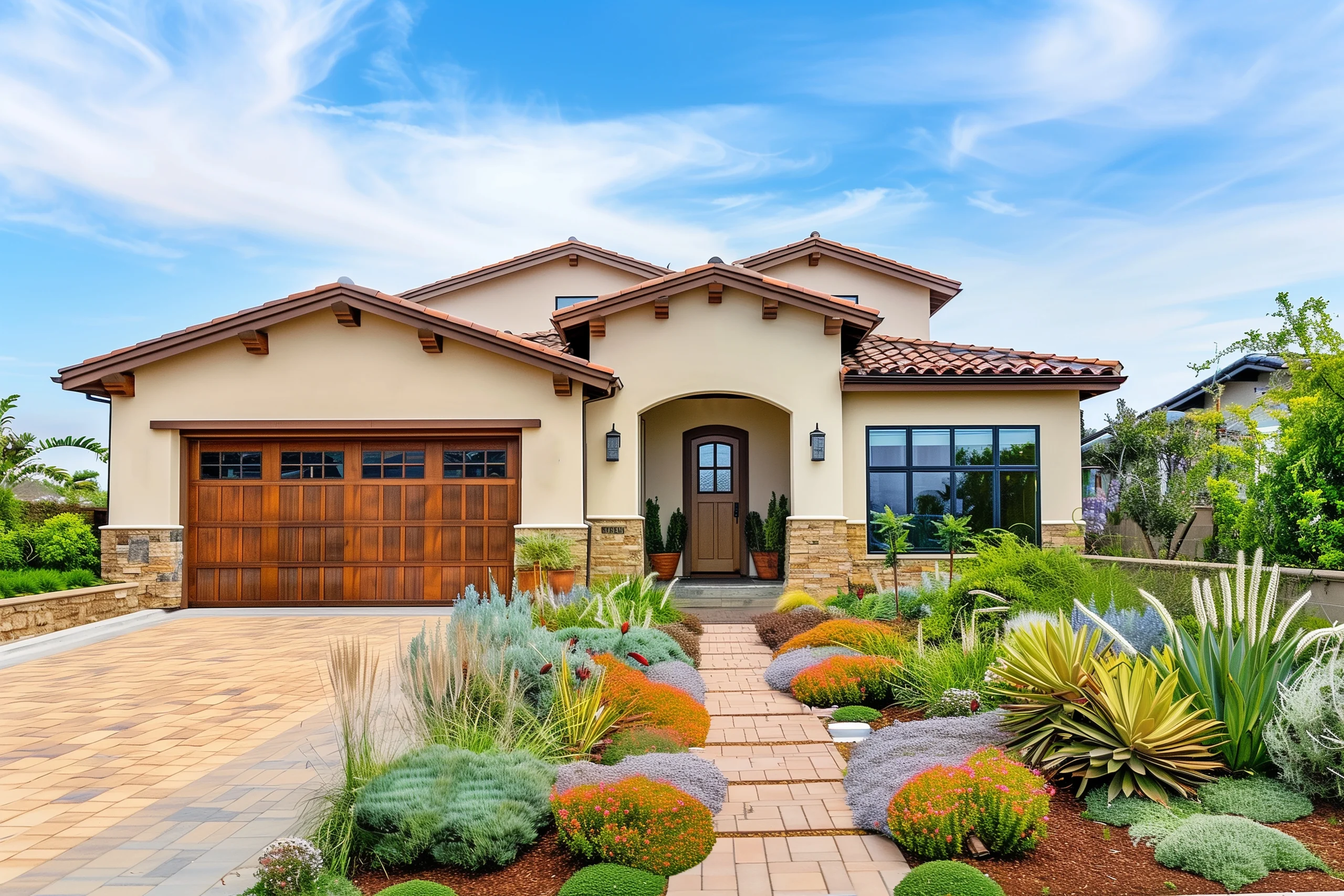 Front exterior of a Mediterranean-style home with a terracotta tile roof and large wooden garage door. A paver walkway leads to the entrance, flanked by a vibrant, densely planted drought-tolerant garden featuring colorful succulents and ornamental grasses under a bright blue sky.