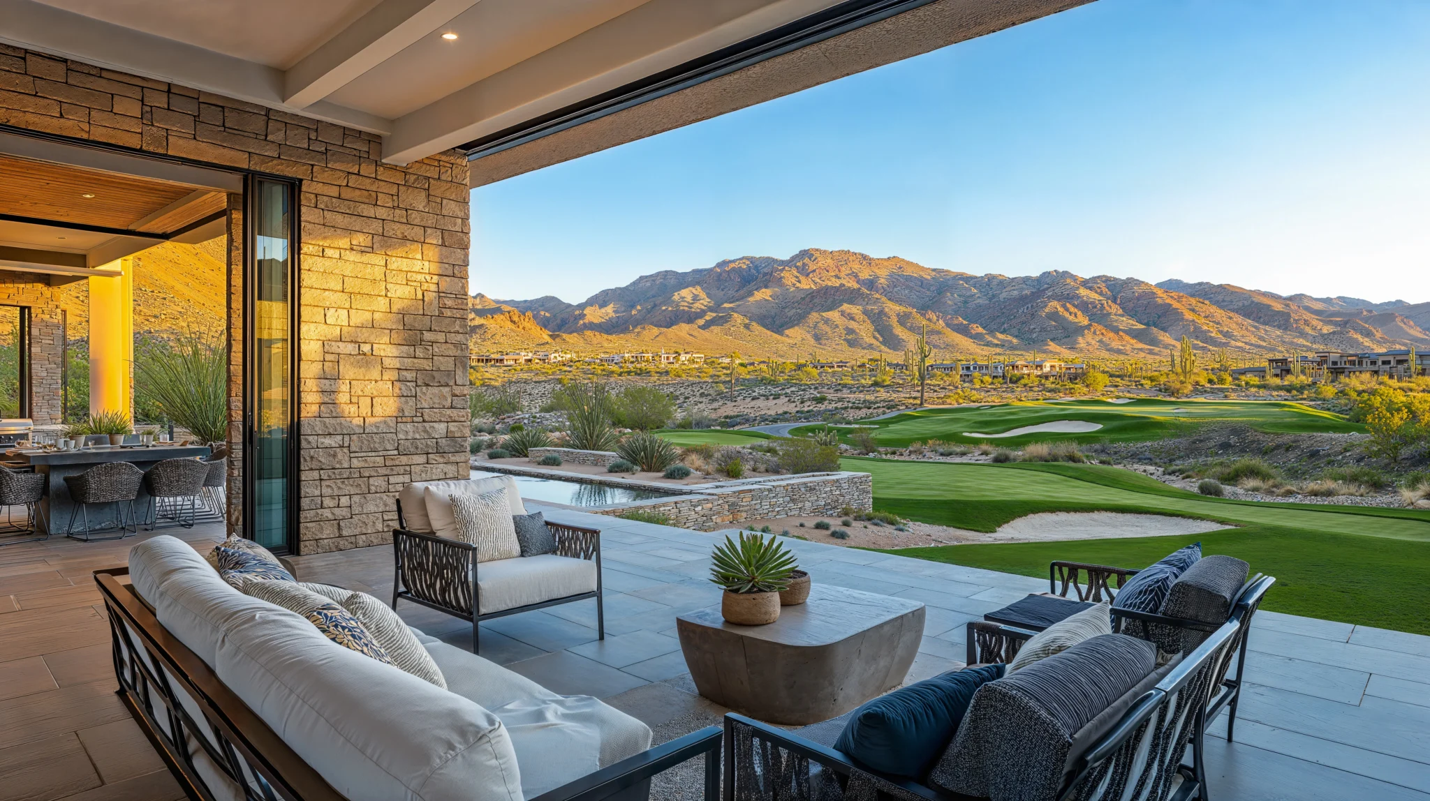Covered outdoor patio with comfortable seating and a dining area, featuring large open sliding doors that overlook a vibrant green golf course and rugged desert mountains bathed in golden sunlight.
