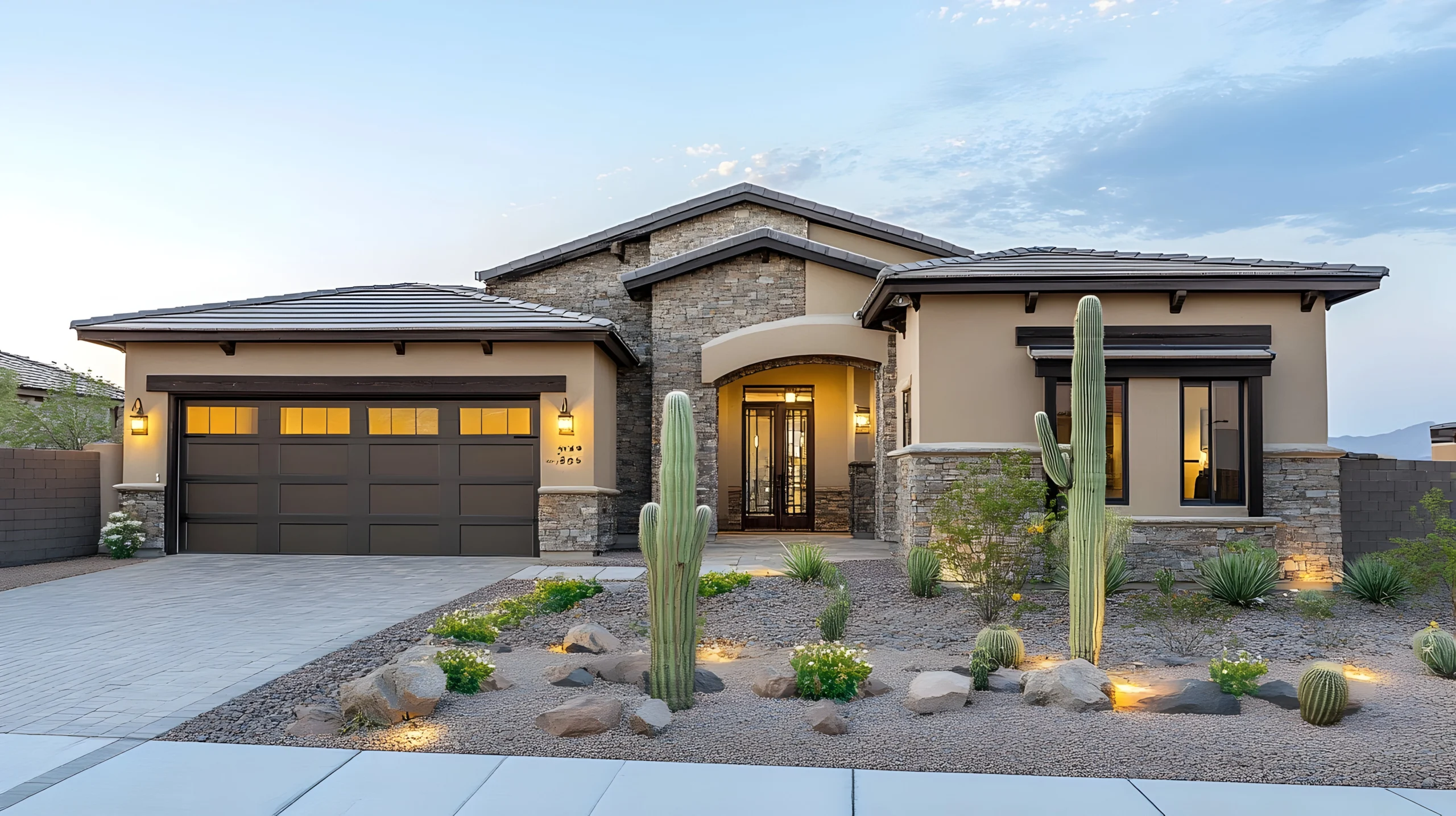 Exterior view of a single-story southwestern style home at dusk. The house features a stucco and stone facade, an arched entryway, and a paved driveway, with front yard desert landscaping highlighting two prominent saguaro cacti and illuminated rocks.