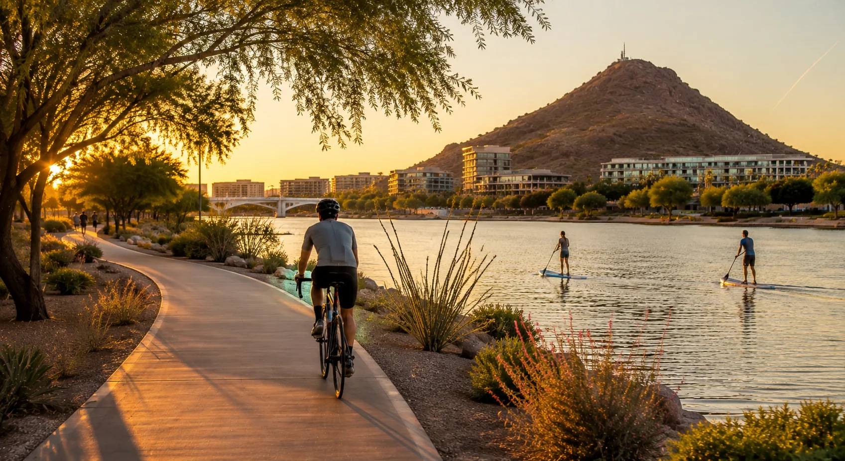 Tempe Arizona outdoor lifestyle with cycling, trails, Town Lake and A Mountain