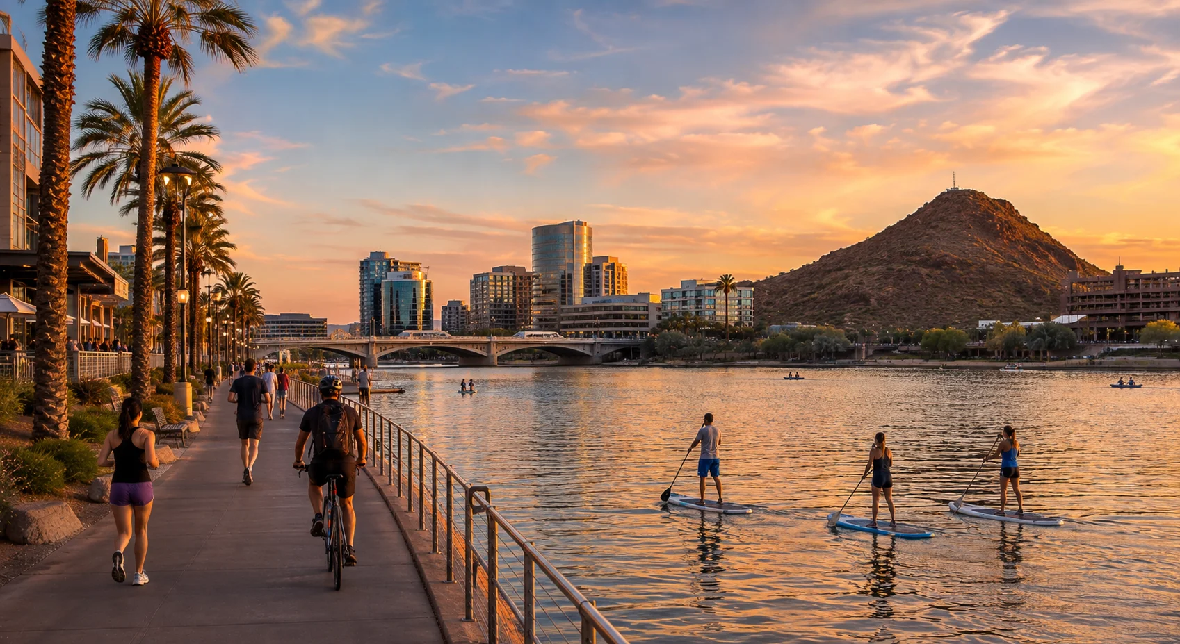 Tempe Town Lake waterfront with paddleboarders, cyclists, and A Mountain